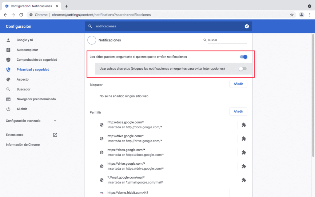 Cómo permitir notificaciones web push chrome
