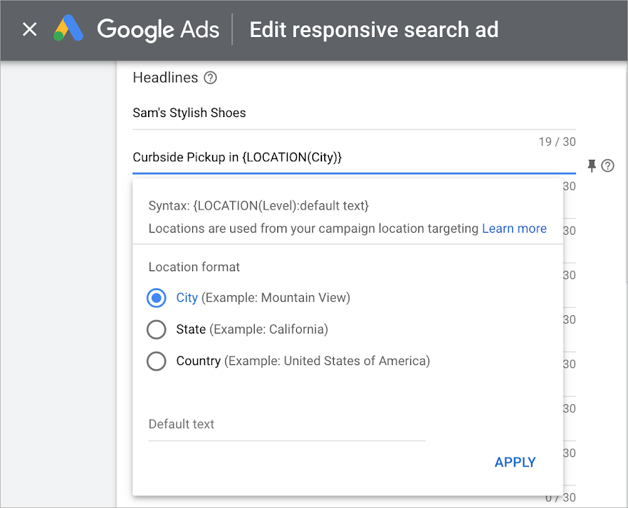 Screenshot showing the option to set up location insertion for your responsive search ads