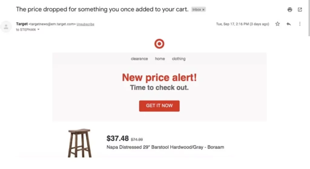 Target cart abandonment email